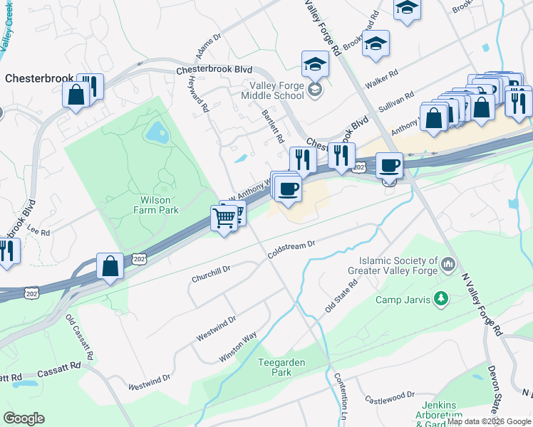 map of restaurants, bars, coffee shops, grocery stores, and more near in Chester County