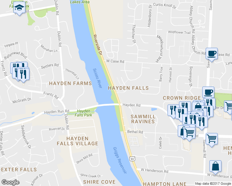 map of restaurants, bars, coffee shops, grocery stores, and more near 5606 Scioto Crest Drive in Dublin