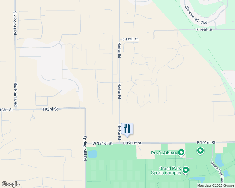 map of restaurants, bars, coffee shops, grocery stores, and more near 19484 Horton Road in Westfield