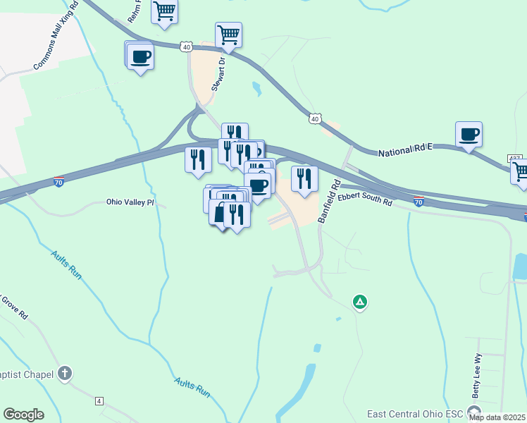 map of restaurants, bars, coffee shops, grocery stores, and more near 67800 Mall Ring Road in Saint Clairsville