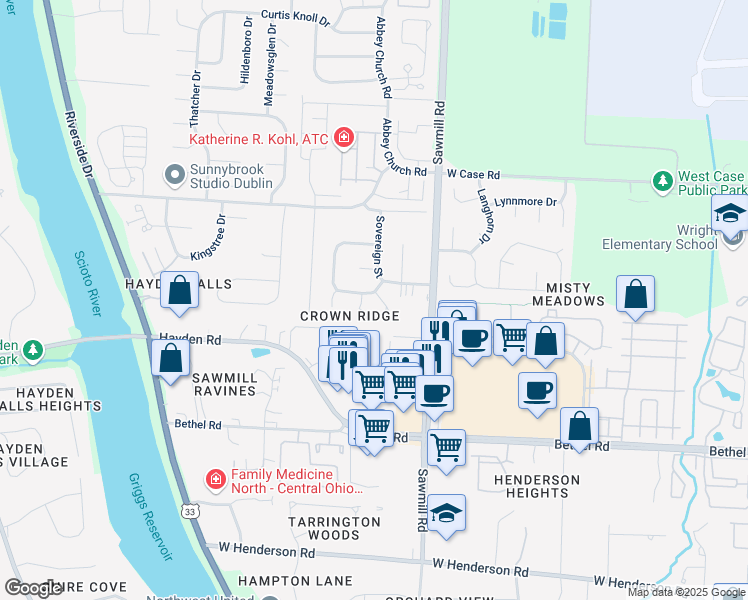map of restaurants, bars, coffee shops, grocery stores, and more near 5627 Longbow Lane in Columbus