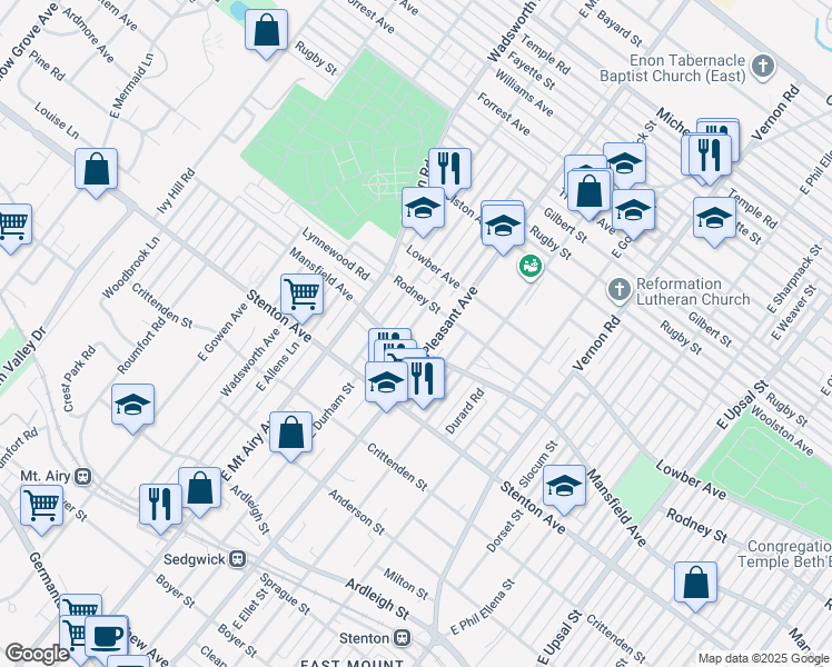 map of restaurants, bars, coffee shops, grocery stores, and more near 1008 E Durham St in Philadelphia