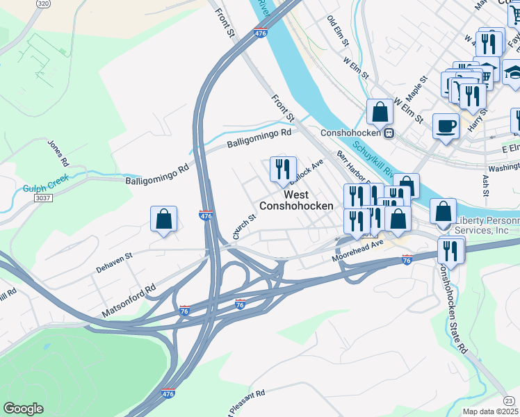 map of restaurants, bars, coffee shops, grocery stores, and more near 531 Bullock Avenue in Conshohocken