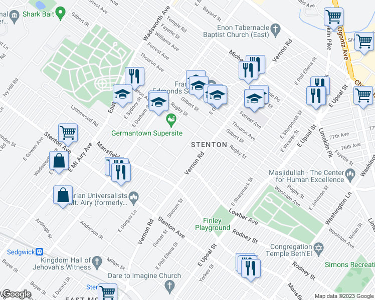 map of restaurants, bars, coffee shops, grocery stores, and more near 1064 East Gorgas Lane in Philadelphia