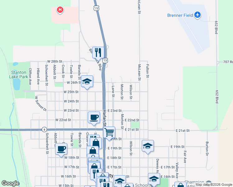 map of restaurants, bars, coffee shops, grocery stores, and more near 2401-2499 Morton Street in Falls City