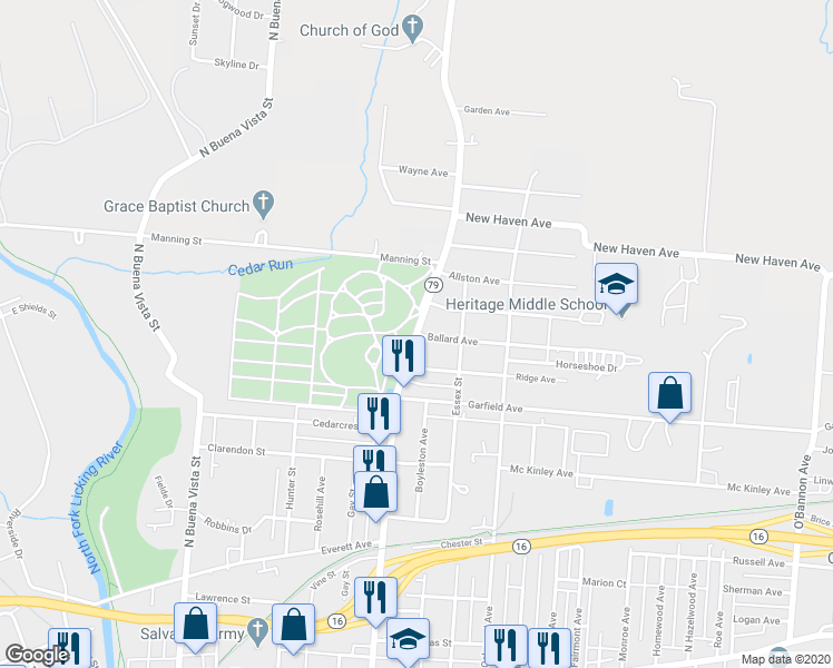map of restaurants, bars, coffee shops, grocery stores, and more near 366 North Cedar Street in Newark