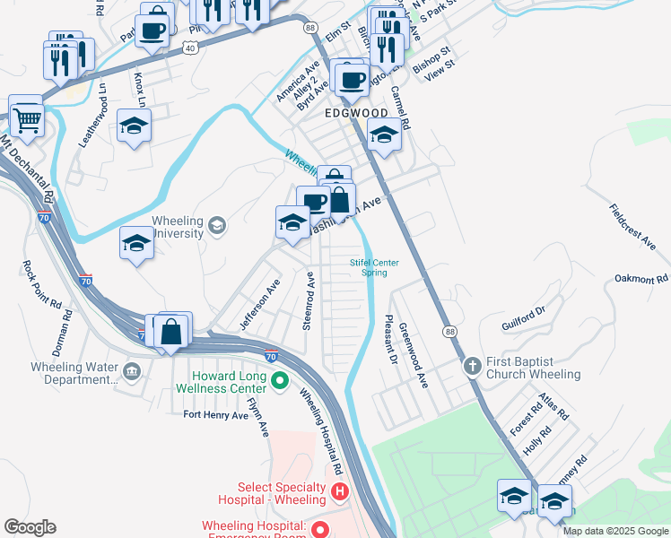 map of restaurants, bars, coffee shops, grocery stores, and more near 45 Biltmore Ave in Wheeling