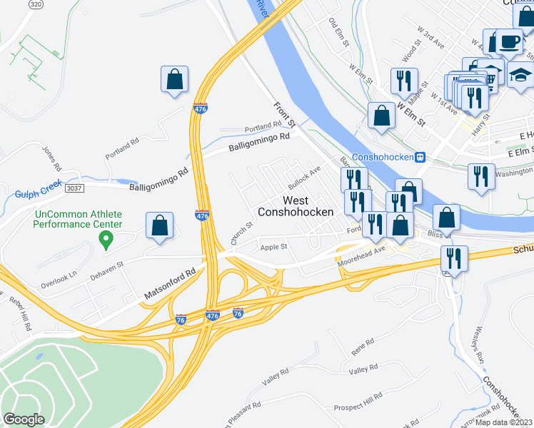 map of restaurants, bars, coffee shops, grocery stores, and more near 521 Bullock Avenue in Conshohocken