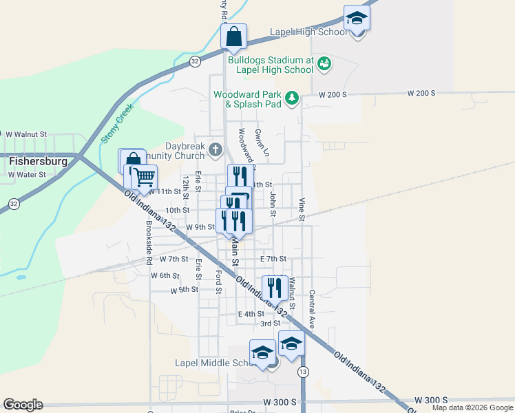 map of restaurants, bars, coffee shops, grocery stores, and more near 1002 Woodward Street in Lapel