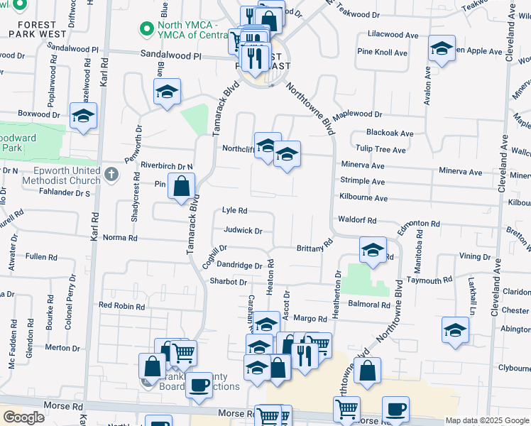 map of restaurants, bars, coffee shops, grocery stores, and more near 1941 Lyle Road in Columbus