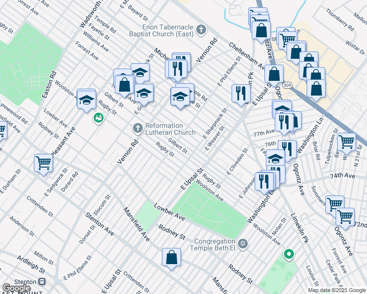 map of restaurants, bars, coffee shops, grocery stores, and more near 7829 Gilbert St in Philadelphia
