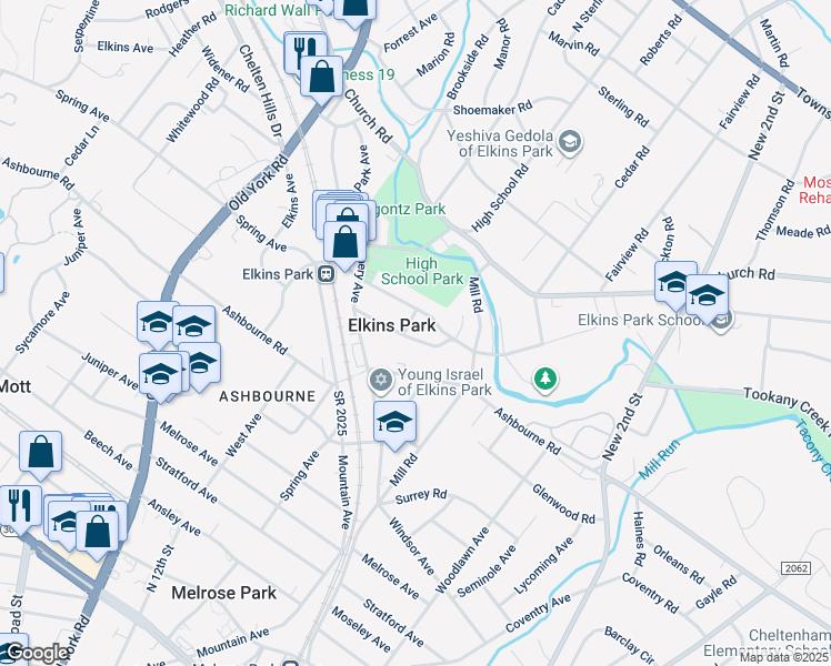 map of restaurants, bars, coffee shops, grocery stores, and more near 325 Gerard Avenue in Elkins Park