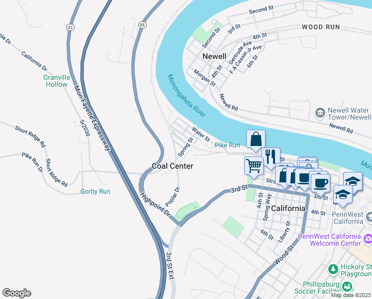 map of restaurants, bars, coffee shops, grocery stores, and more near 117 Spring Street in Coal Center