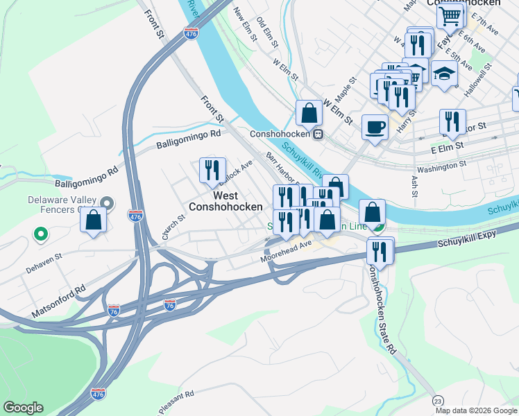 map of restaurants, bars, coffee shops, grocery stores, and more near 21 Merion Avenue in Conshohocken