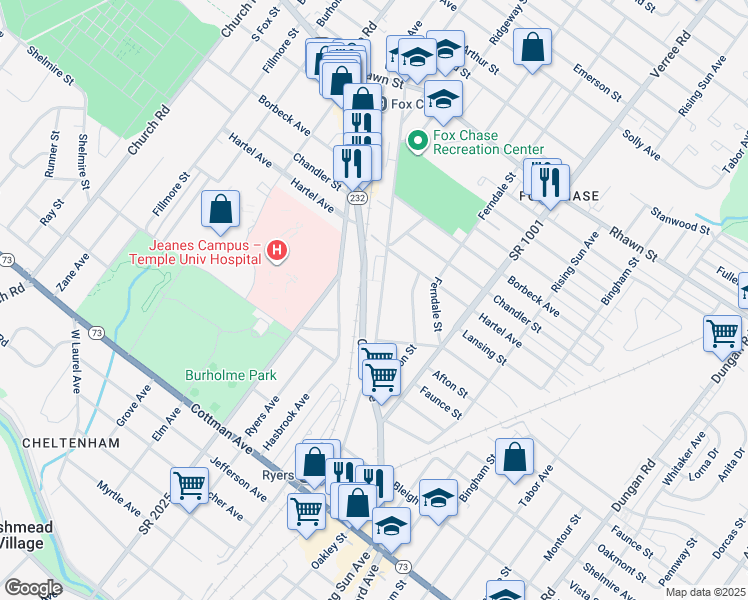 map of restaurants, bars, coffee shops, grocery stores, and more near 7718 Rockwell Avenue in Philadelphia