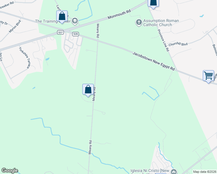map of restaurants, bars, coffee shops, grocery stores, and more near 53 Meany Road in Wrightstown