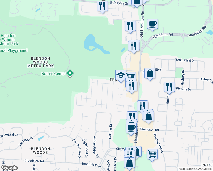 map of restaurants, bars, coffee shops, grocery stores, and more near 4117 Meadowleigh Way in Columbus