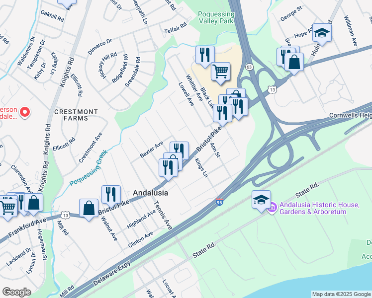 map of restaurants, bars, coffee shops, grocery stores, and more near 1086 Bristol Pike in Bensalem