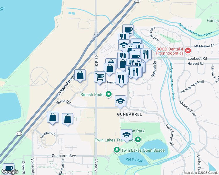 map of restaurants, bars, coffee shops, grocery stores, and more near 6350 Gunpark Dr in Boulder