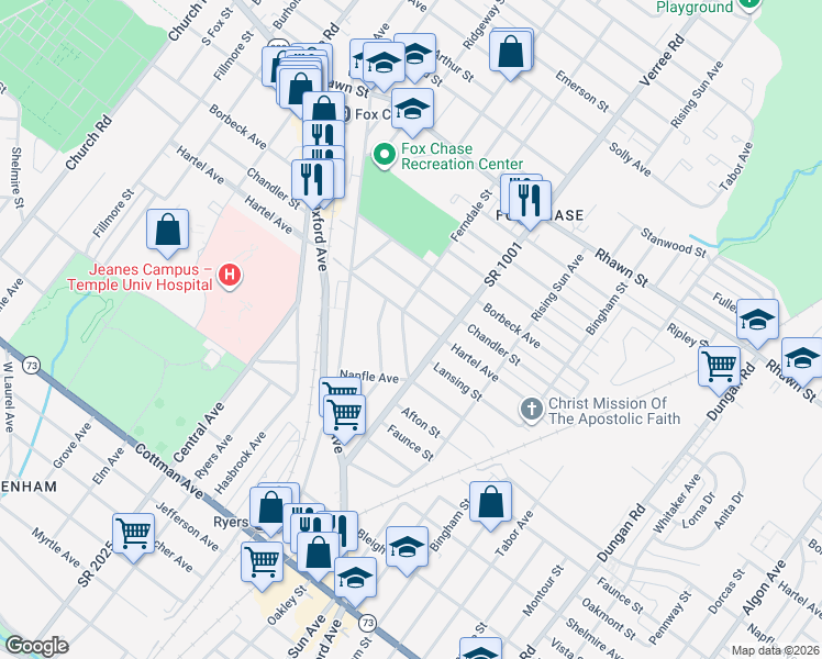 map of restaurants, bars, coffee shops, grocery stores, and more near 7737 Ferndale Street in Philadelphia