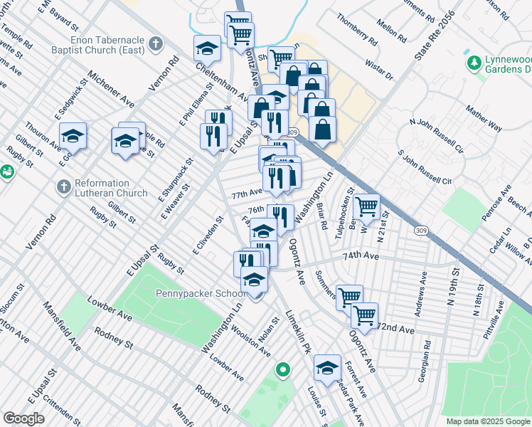 map of restaurants, bars, coffee shops, grocery stores, and more near 2456 76th Avenue in Philadelphia