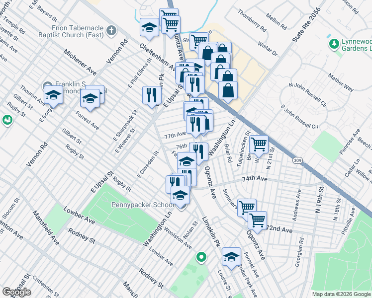 map of restaurants, bars, coffee shops, grocery stores, and more near 2456 76th Avenue in Philadelphia
