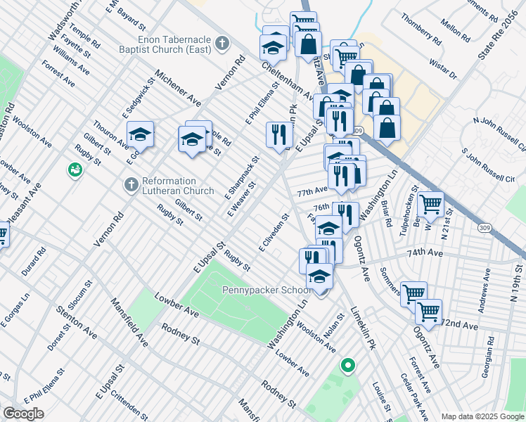 map of restaurants, bars, coffee shops, grocery stores, and more near 7640 Williams Avenue in Philadelphia