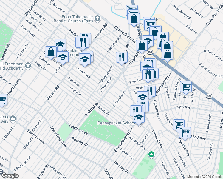 map of restaurants, bars, coffee shops, grocery stores, and more near 1325 East Upsal Street in Philadelphia