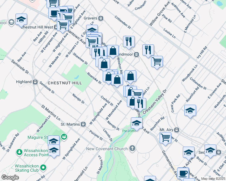 map of restaurants, bars, coffee shops, grocery stores, and more near 7833 Germantown Avenue in Philadelphia