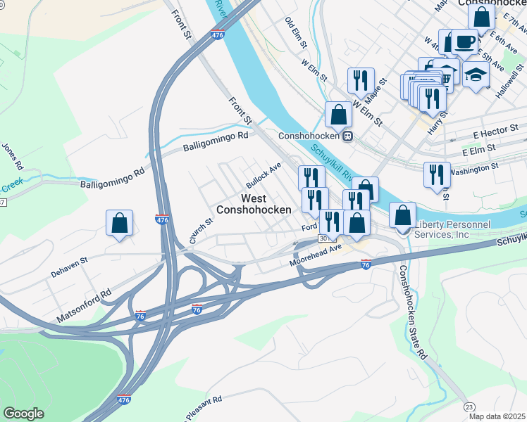 map of restaurants, bars, coffee shops, grocery stores, and more near 115 Cedar Avenue in Conshohocken