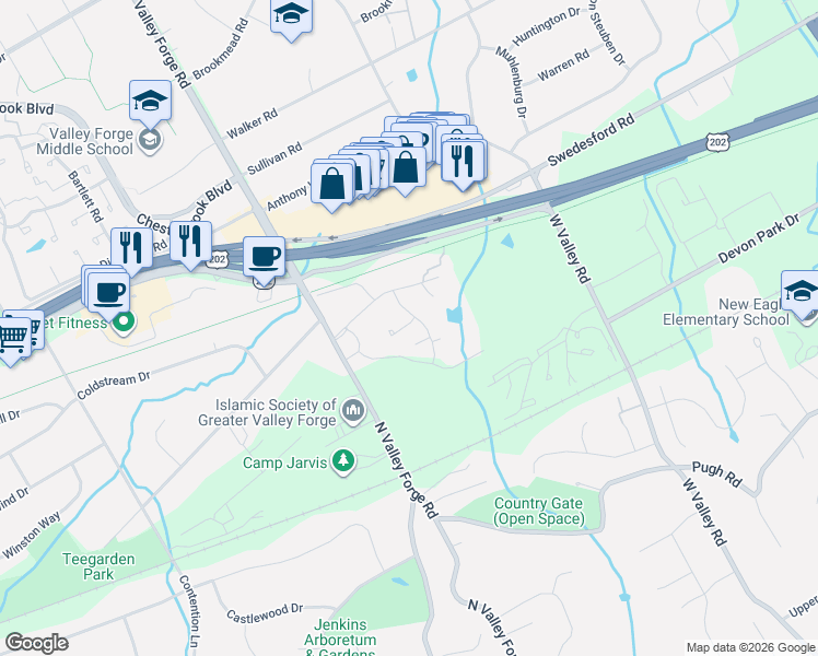 map of restaurants, bars, coffee shops, grocery stores, and more near 423 Old Forge Crossing in Devon