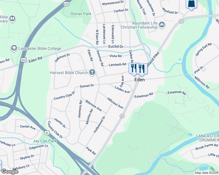 map of restaurants, bars, coffee shops, grocery stores, and more near 1568 Linden Avenue in Lancaster