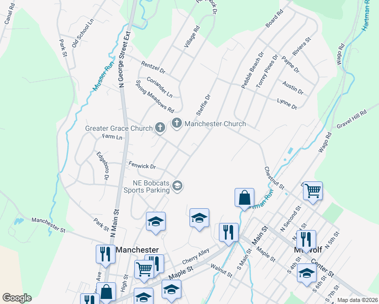 map of restaurants, bars, coffee shops, grocery stores, and more near 126 Malvern Drive in Manchester