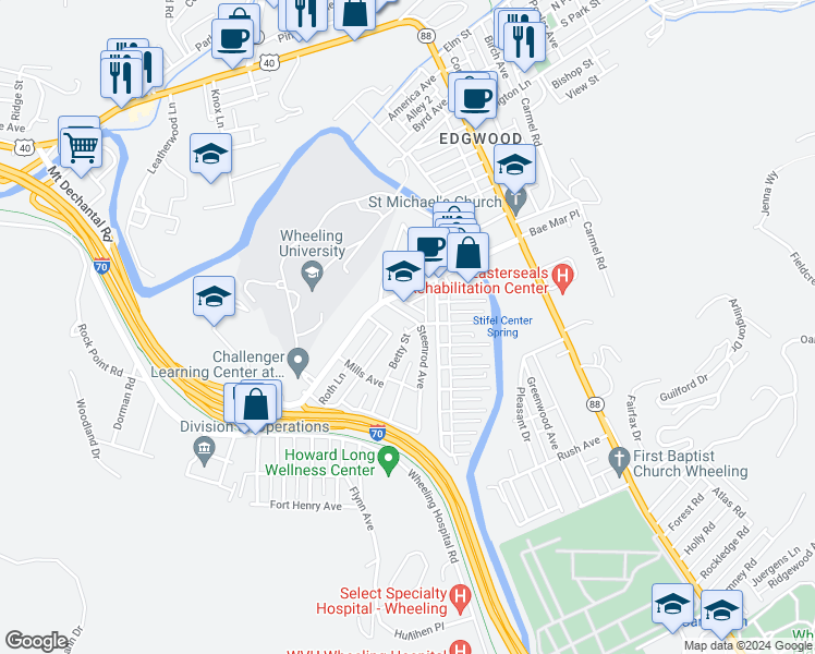 map of restaurants, bars, coffee shops, grocery stores, and more near 200 Betty Street in Wheeling