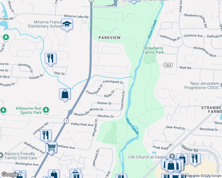 map of restaurants, bars, coffee shops, grocery stores, and more near 3506 Headford Court in Columbus