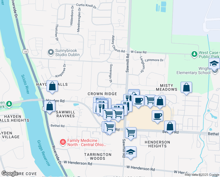map of restaurants, bars, coffee shops, grocery stores, and more near 5627 Longbow Lane in Columbus