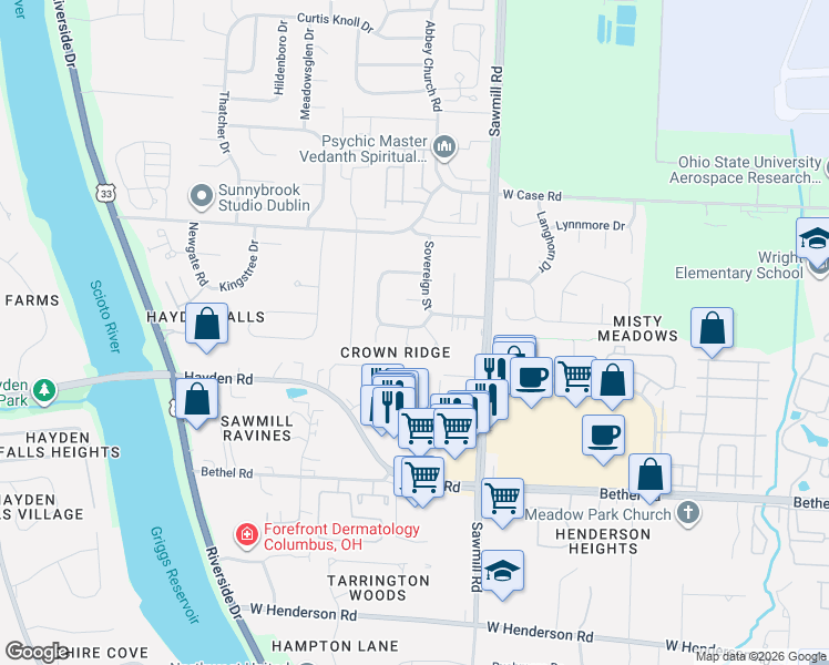 map of restaurants, bars, coffee shops, grocery stores, and more near 5627 Longbow Lane in Columbus