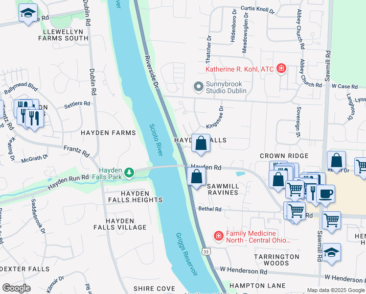 map of restaurants, bars, coffee shops, grocery stores, and more near 5606 Scioto Crest Drive in Dublin