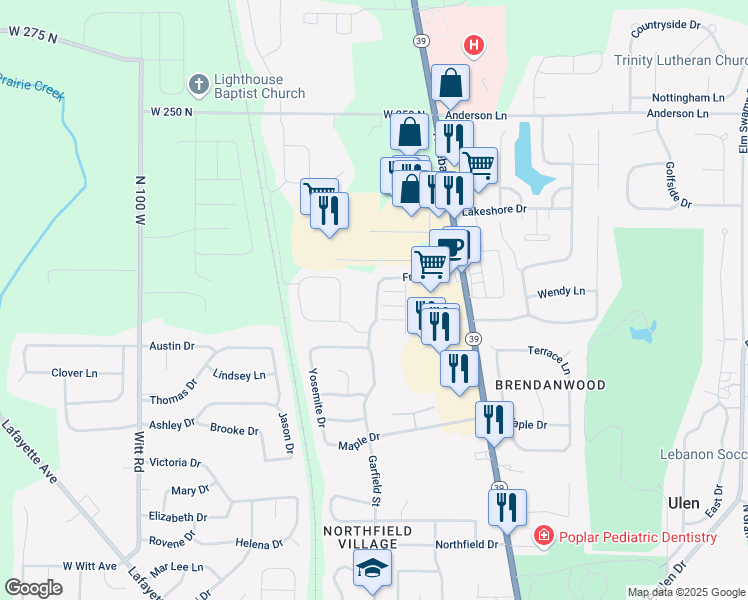 map of restaurants, bars, coffee shops, grocery stores, and more near 2316 Frontier Drive in Lebanon