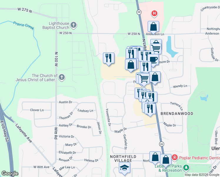 map of restaurants, bars, coffee shops, grocery stores, and more near 2375 Shaker Lane in Lebanon