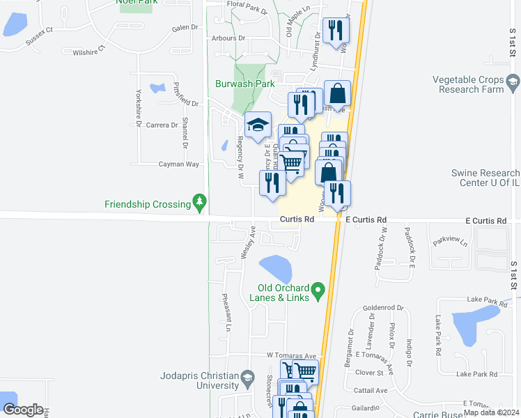 map of restaurants, bars, coffee shops, grocery stores, and more near 1202 Wesley Avenue in Savoy