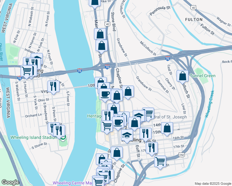 map of restaurants, bars, coffee shops, grocery stores, and more near 1042 Market Street in Wheeling