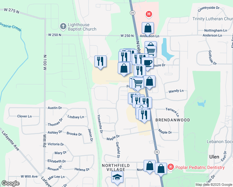 map of restaurants, bars, coffee shops, grocery stores, and more near 2316 Frontier Drive in Lebanon