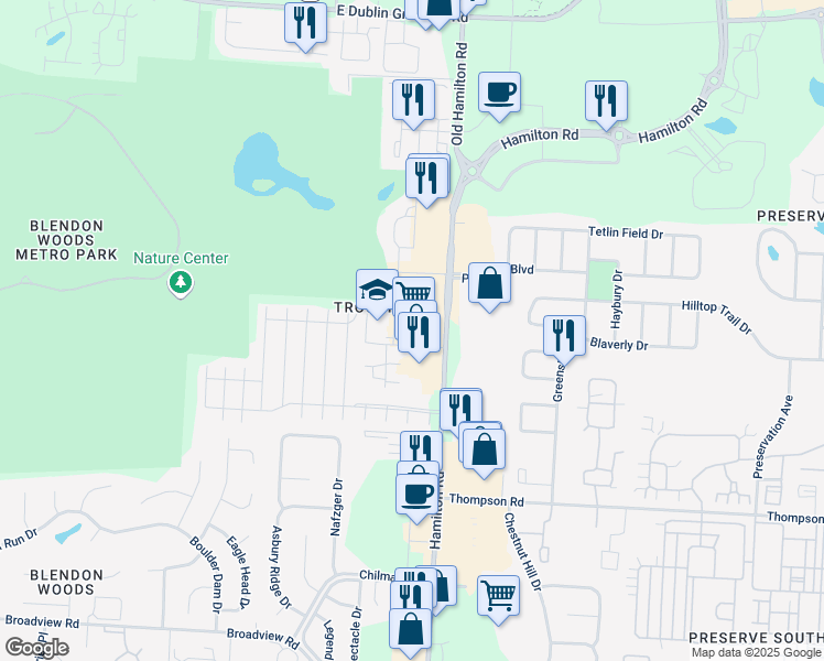 map of restaurants, bars, coffee shops, grocery stores, and more near 5531 North Hamilton Road in Columbus