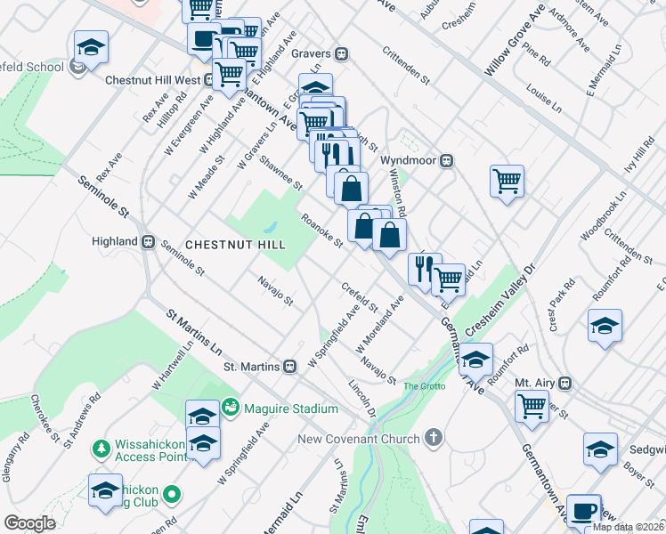 map of restaurants, bars, coffee shops, grocery stores, and more near 59 West Willow Grove Avenue in Philadelphia