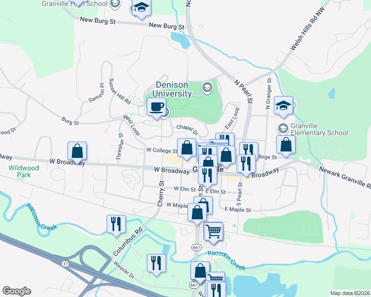 map of restaurants, bars, coffee shops, grocery stores, and more near 204 North Mulberry Street in Granville