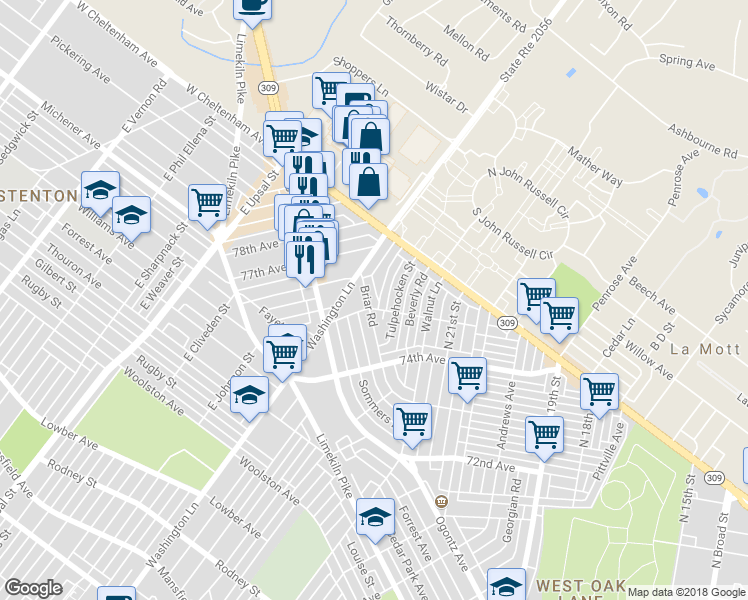 map of restaurants, bars, coffee shops, grocery stores, and more near 7509 Briar Road in Philadelphia