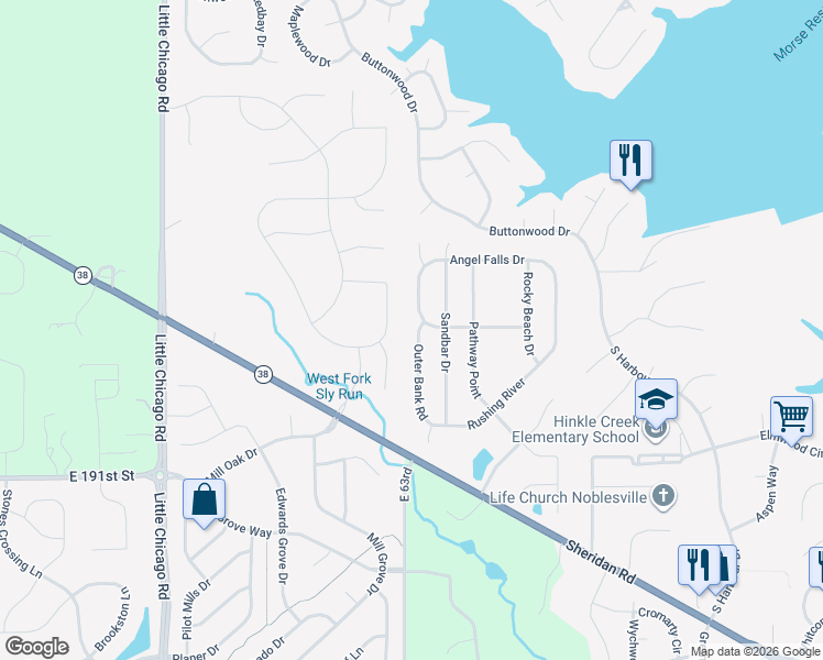 map of restaurants, bars, coffee shops, grocery stores, and more near 19395 Outer Bank Road in Noblesville
