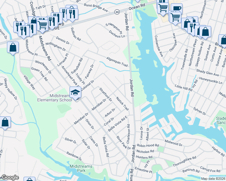 map of restaurants, bars, coffee shops, grocery stores, and more near 156 Natick Trail in Brick Township