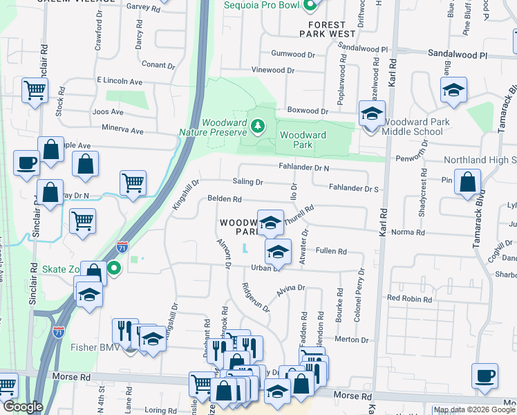 map of restaurants, bars, coffee shops, grocery stores, and more near 1269 Belden Road in Columbus